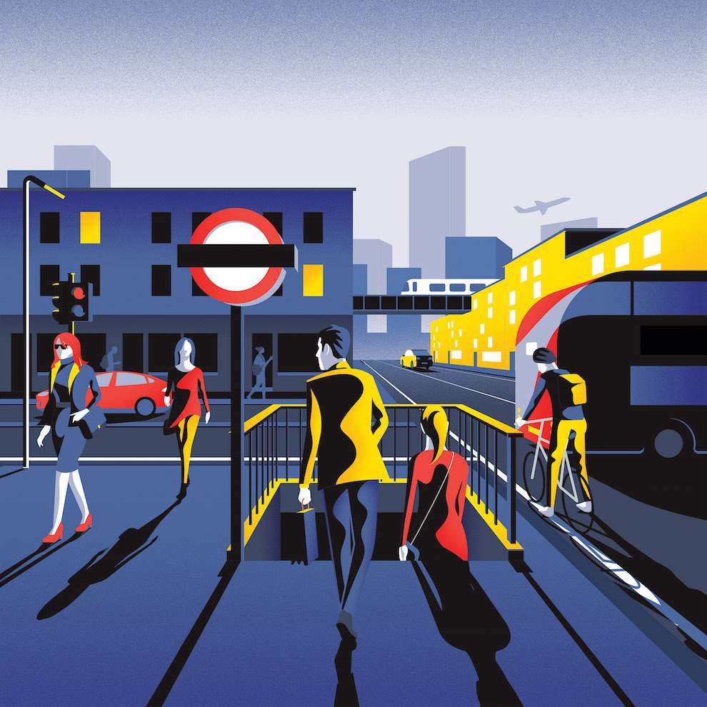 Jack Daly, Digital Illustration of London, with characters walking and London underground sign. 